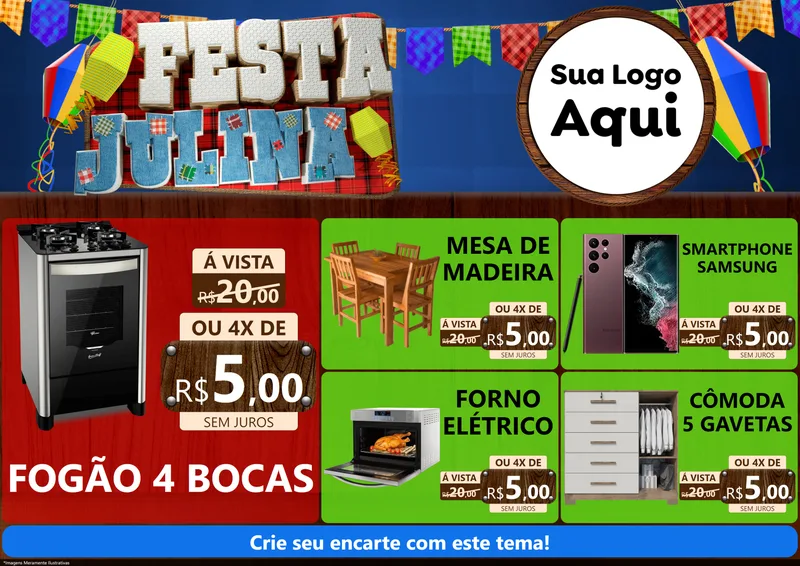 Modelo de Encarte para Encarte A4 Horizontal com o tema Festa Julina para Móveis e Eletro