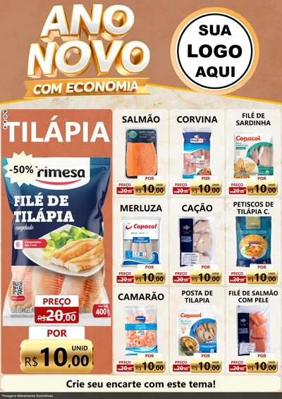 Modelo de Encarte para Encarte A4 Vertical com o tema Ano Novo Com Economia para Peixaria