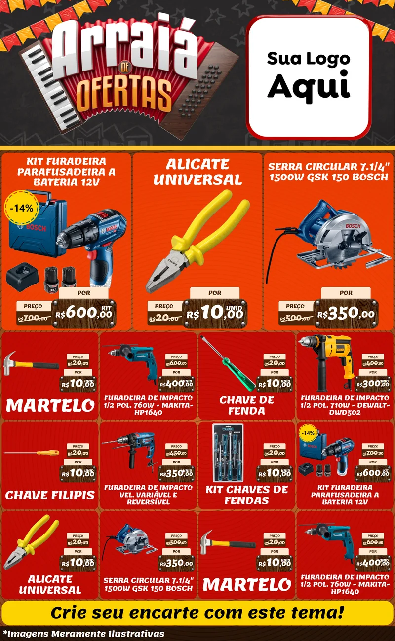 Modelo de Encarte para Encarte Grande com o tema Arraiá de Ofertas - Junina para Maquinas e Ferramentas