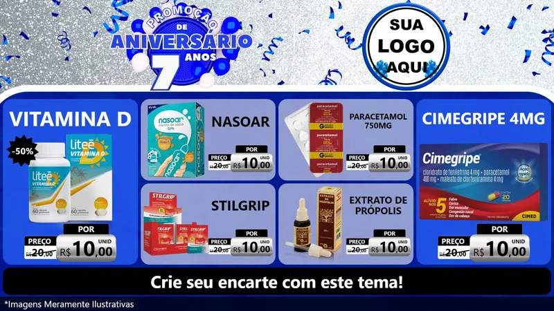 Modelo de TV para TV Horizontal com o tema Promoção de Aniversário - 7 Anos para Farmácia