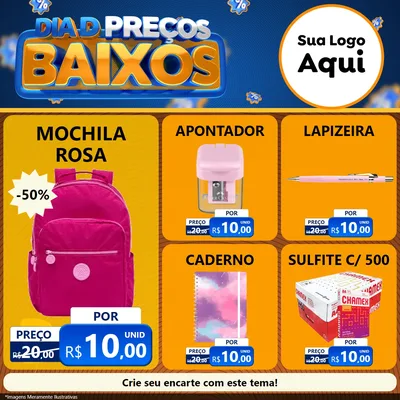 Modelo de Rede Social para Feed Facebook com o tema Dia D Preço Baixo para Papelaria