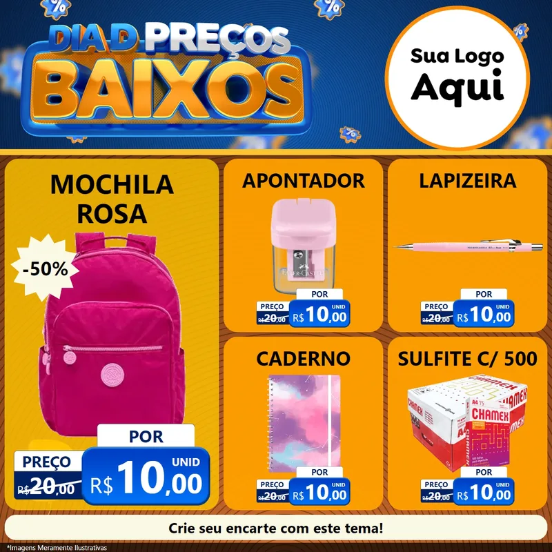 Modelo de Rede Social para Feed Facebook com o tema Dia D Preço Baixo para Papelaria