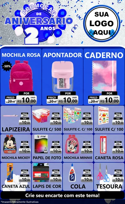 Modelo de Encarte para Encarte Grande com o tema Promoção de Aniversário - 2 Anos para Papelaria