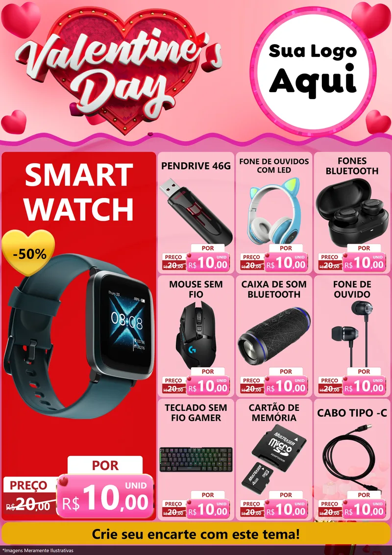 Modelo de Encarte para Encarte A4 Vertical com o tema Valentine's Day para Informática