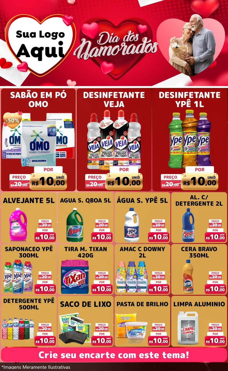 Modelo de Encarte para Encarte Grande com o tema Dia Dos Namorados para Produtos de Limpeza