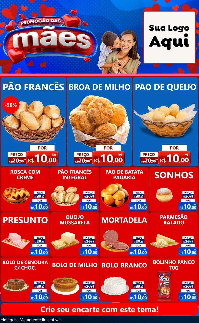 Modelo de Encarte para Encarte Grande com o tema Promoção das Mães para Padaria