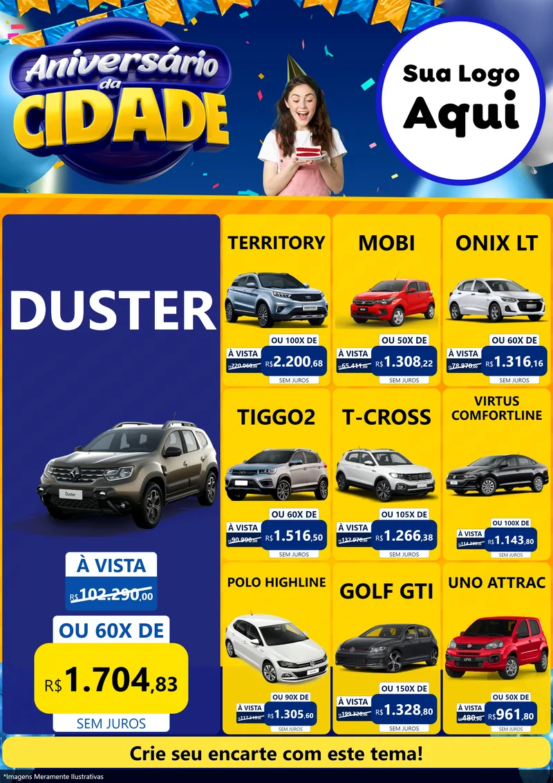 Modelo de Encarte para Encarte A4 Vertical com o tema Aniversário da Cidade para Concessionaria de Carros