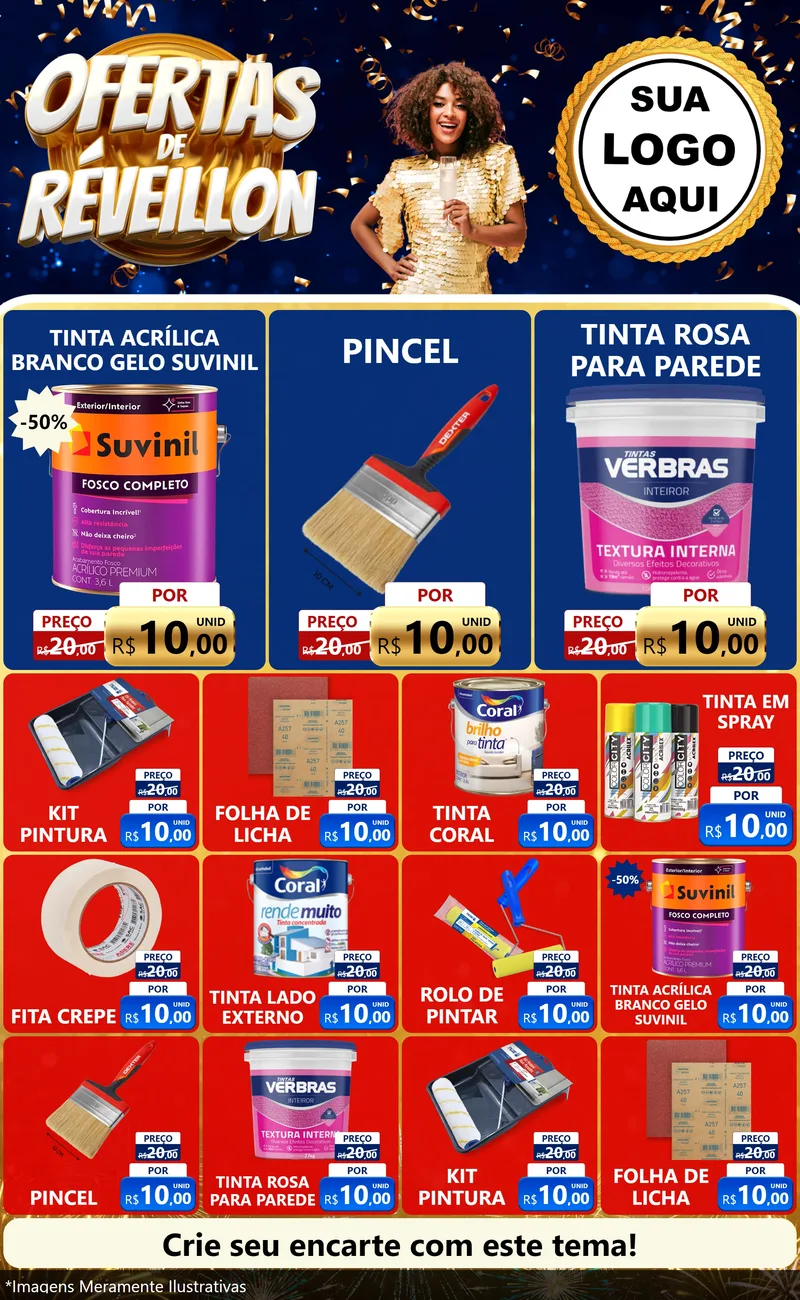 Modelo de Encarte para Encarte Grande com o tema Ofertas de Réveillon para Tintas e Ferramentas