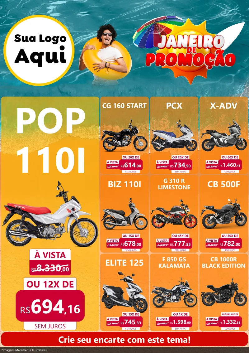 Modelo de Encarte para Encarte A4 Vertical com o tema Janeiro de Promoção para Concessionaria de Motos