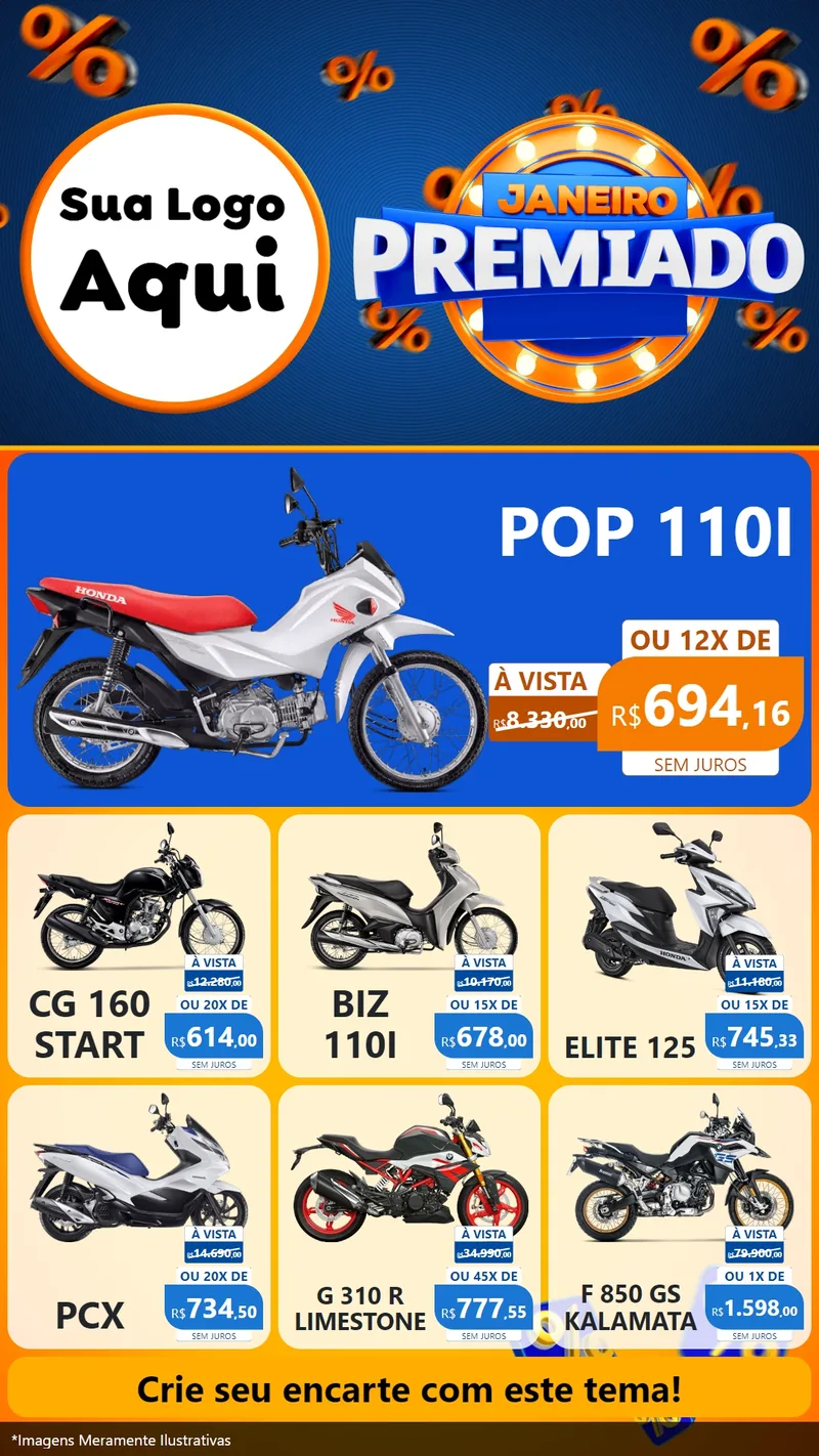 Modelo de Rede Social para Stories com o tema Janeiro Premiado para Concessionaria de Motos