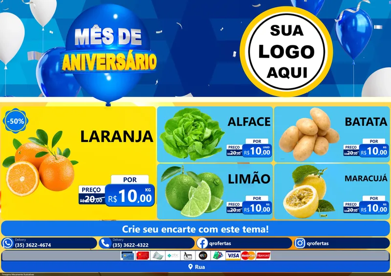 Modelo de Encarte para Encarte A4 Horizontal com o tema Mês de Aniversário para Hortifrúti