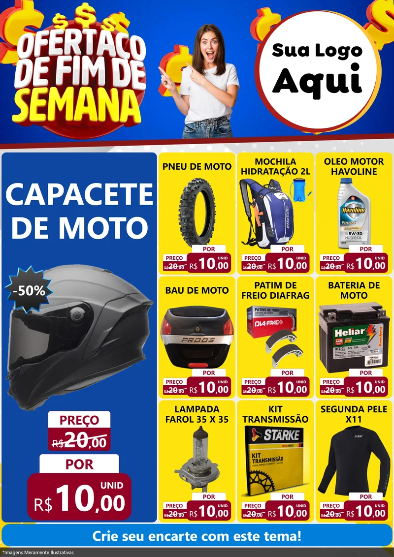 Modelo de Encarte para Encarte A4 Vertical com o tema Ofertaço de Fim de Semana para Moto peças