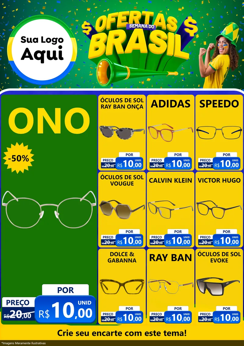 Modelo de Encarte para Encarte A4 Vertical com o tema Ofertas Semana do Brasil para Óticas