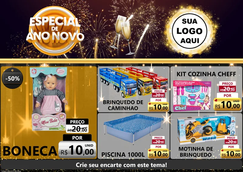 Modelo de Encarte para Encarte A4 Horizontal com o tema Especial de Ano Novo para Brinquedos