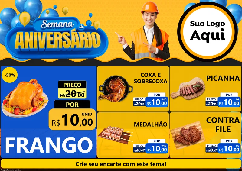 Modelo de Encarte para Encarte A4 Horizontal com o tema Semana de Aniversário para Assados