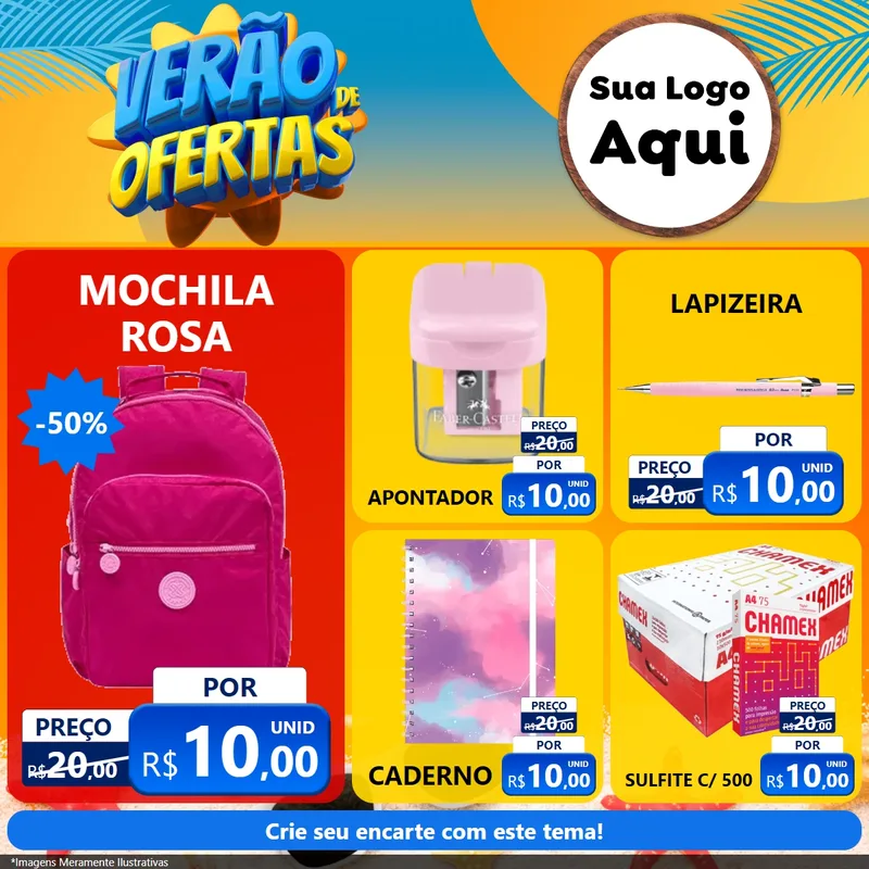 Modelo de Rede Social para Feed Facebook com o tema Verão de Ofertas para Papelaria