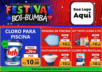 Modelo de Encarte para Encarte A4 Horizontal com o tema Festival Boi-Bumbá para Produtos para Piscina