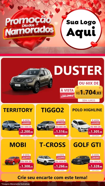 Modelo de Rede Social para Stories com o tema Promoção Dia dos Namorados para Concessionaria de Carros