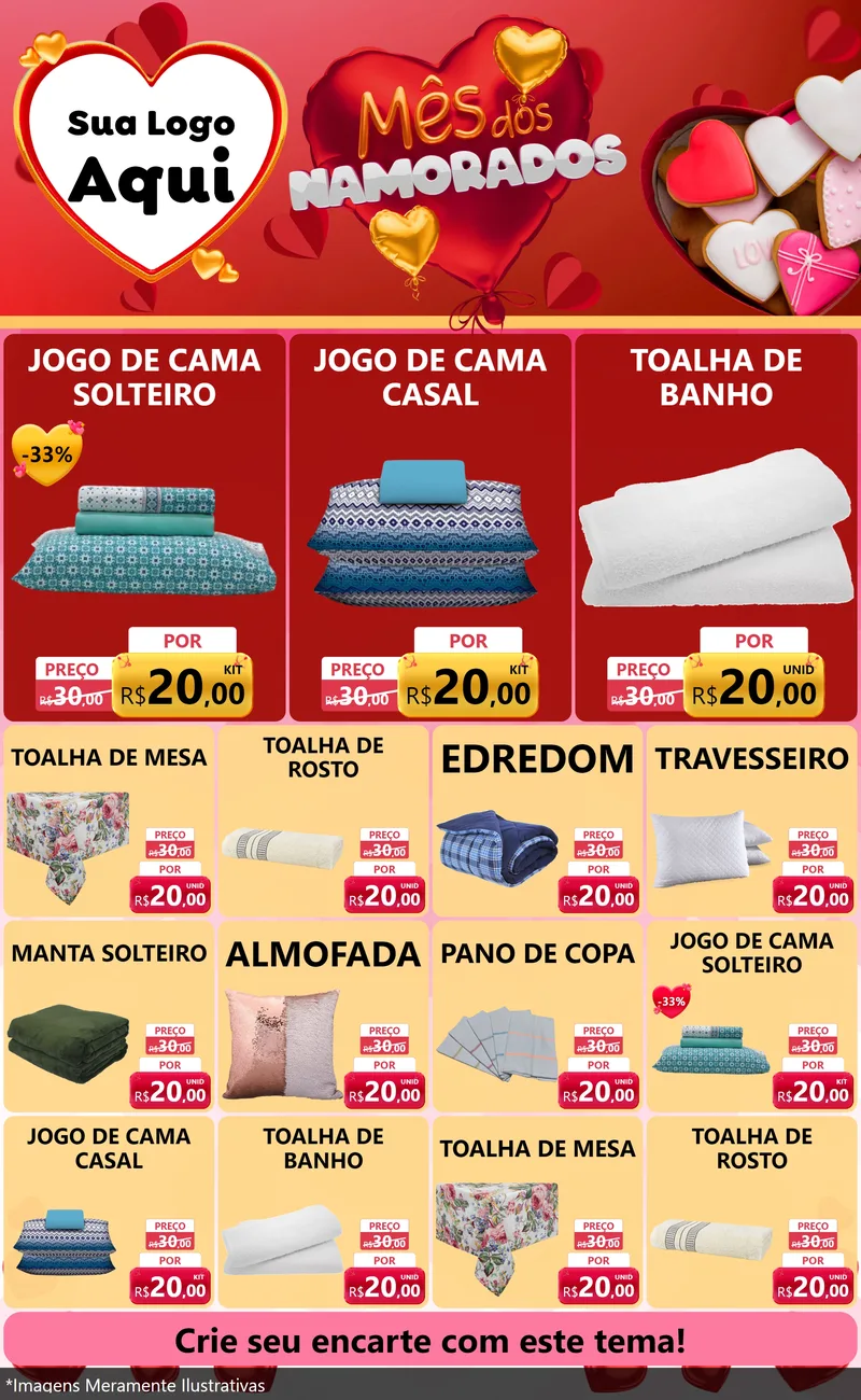 Modelo de Encarte para Encarte Grande com o tema Mês dos Namorados para Cama, Mesa e Banho