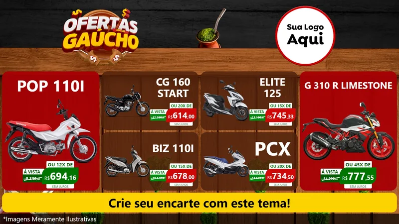 Modelo de TV para TV Horizontal com o tema Ofertas Dia do Gaúcho para Concessionaria de Motos