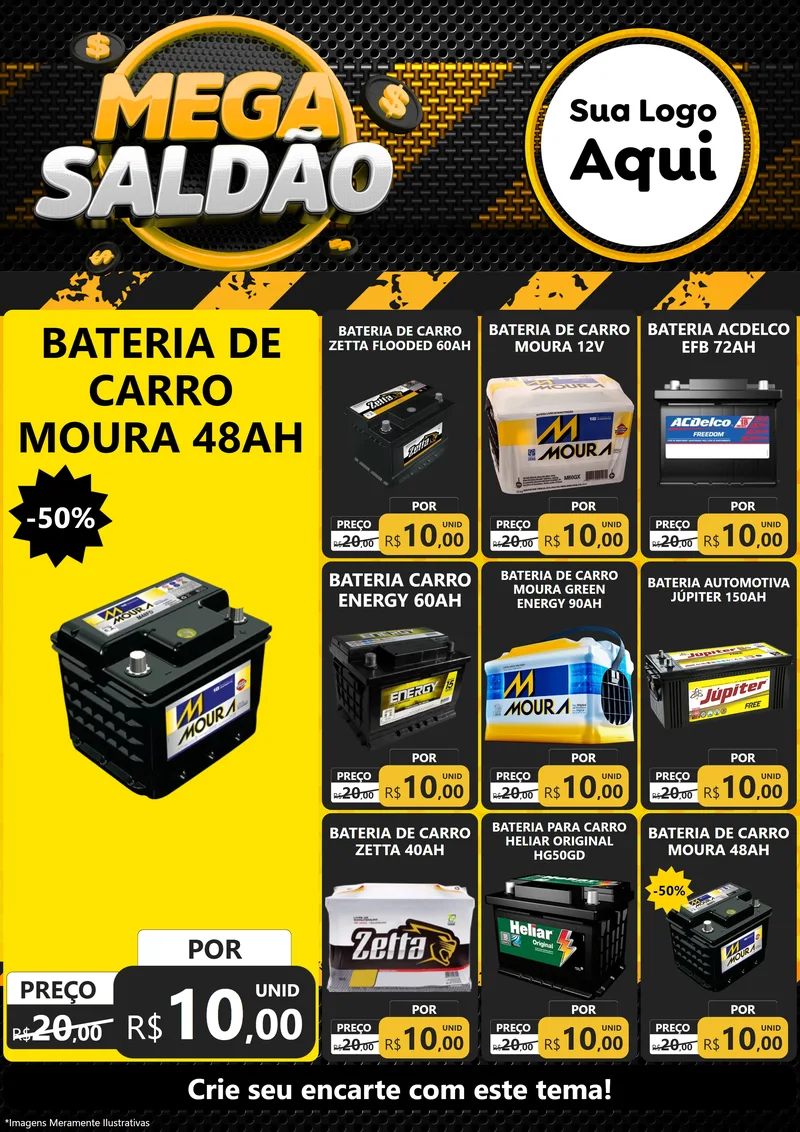 Modelo de Encarte para Encarte A4 Vertical com o tema Mega Saldão para Baterias Elétricas