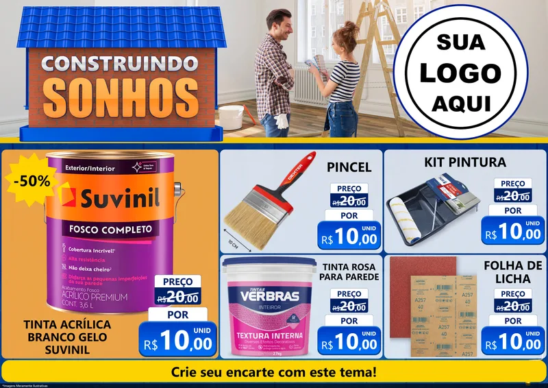Modelo de Encarte para Encarte A4 Horizontal com o tema Construindo Sonhos para Tintas e Ferramentas
