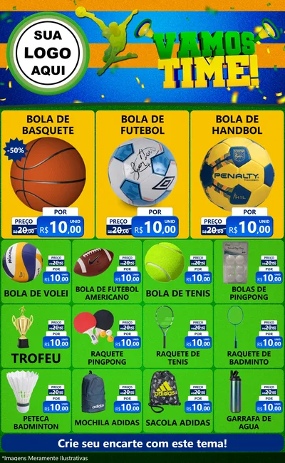 Modelo de Encarte para Encarte Grande com o tema Vamos Time! para Artigos Esportivos