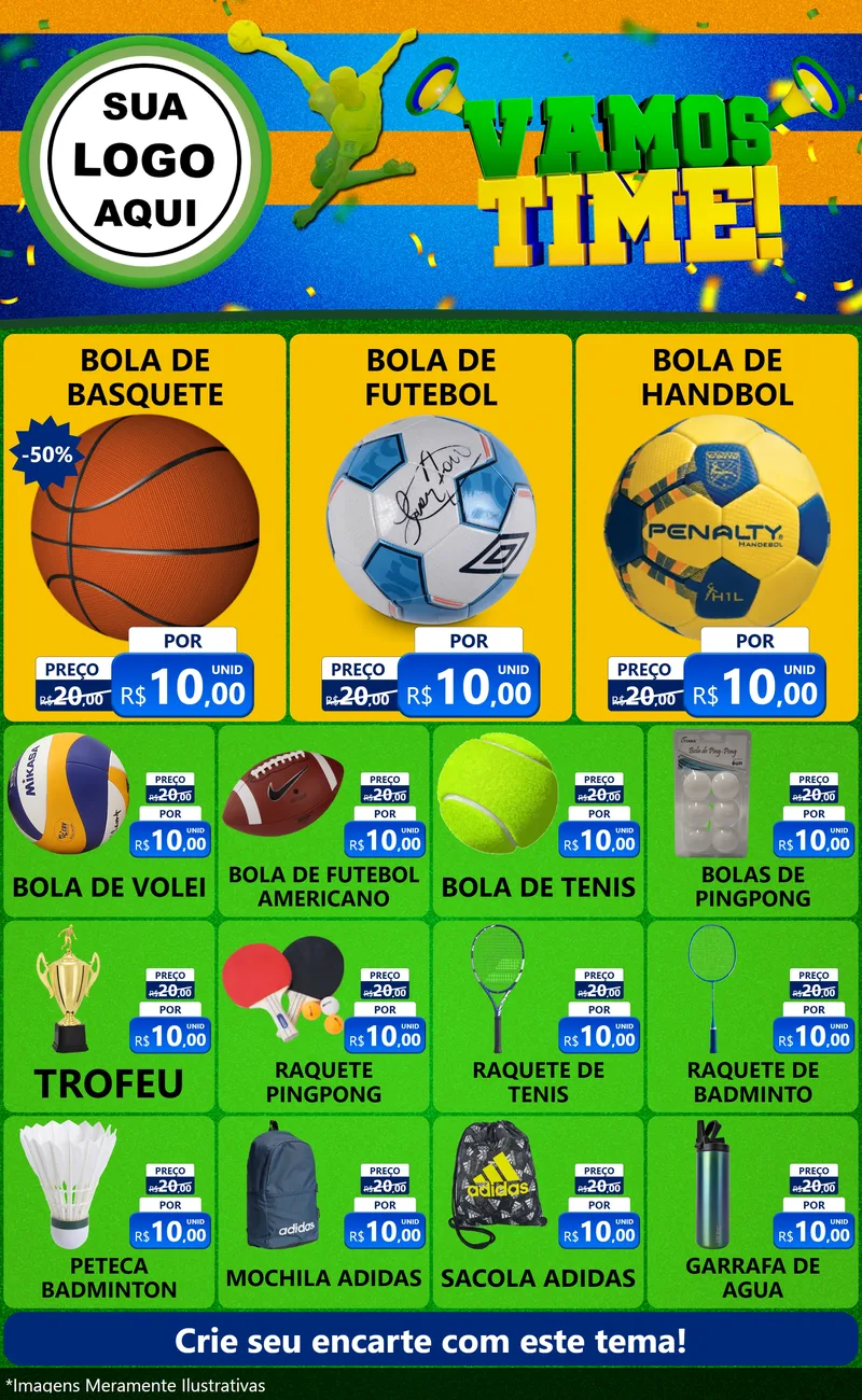 Modelo de Encarte para Encarte Grande com o tema Vamos Time! para Artigos Esportivos