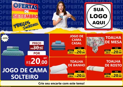 Modelo de Encarte para Encarte A4 Horizontal com o tema Ofertas de Setembro - Preços Incríveis para Cama, Mesa e Banho