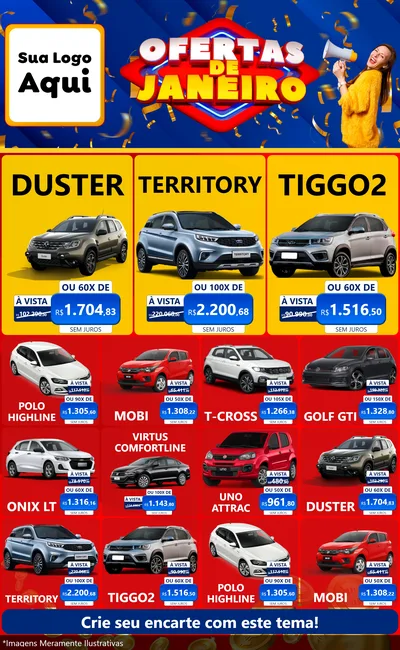 Modelo de Encarte para Encarte Grande com o tema Ofertas de Janeiro para Concessionaria de Carros