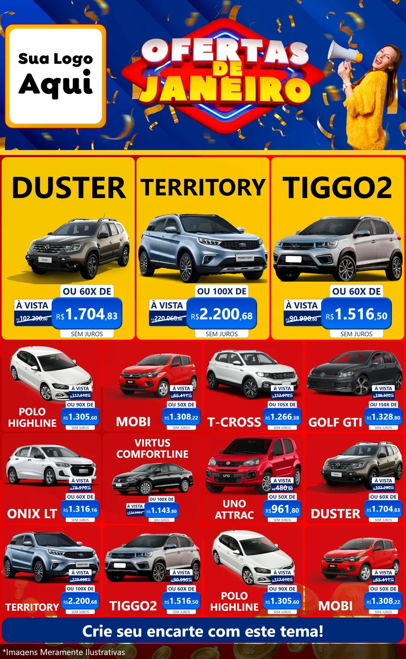 Modelo de Encarte para Encarte Grande com o tema Ofertas de Janeiro para Concessionaria de Carros