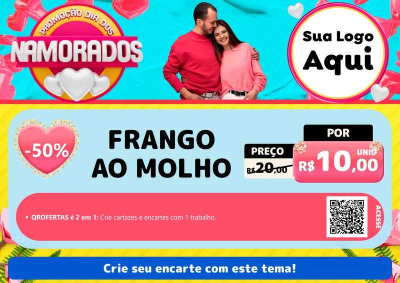 Modelo de Cartaz para Cartaz A4 Horizontal com o tema Promoção Dia dos Namorados para Restaurante