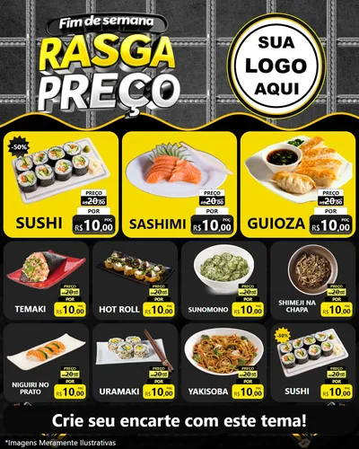 Modelo de Rede Social para Feed Instagram com o tema Fim de Semana Rasga Preço para Comida japonesa