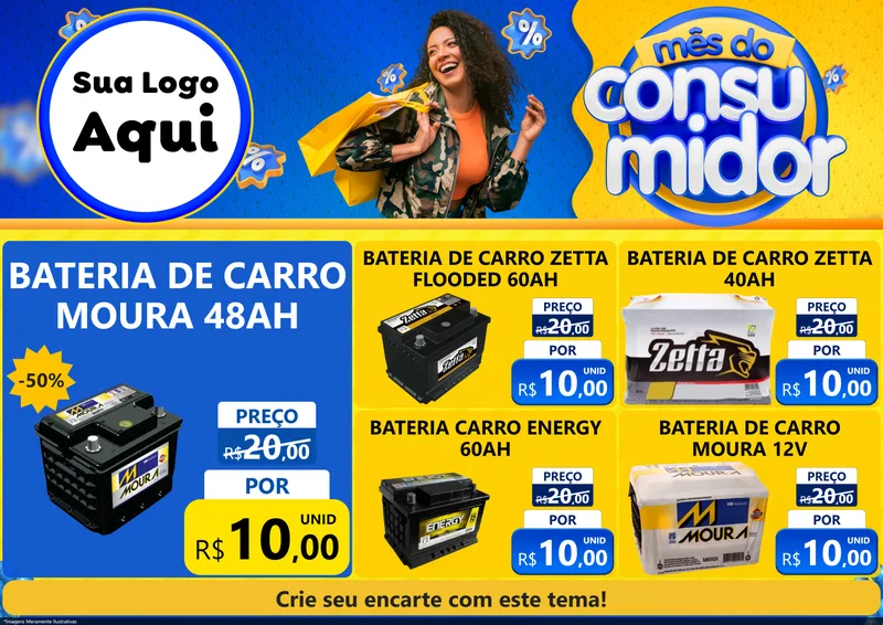Modelo de Encarte para Encarte A4 Horizontal com o tema Mês do Consumidor para Baterias Elétricas