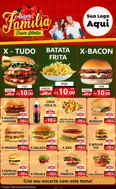 Modelo de Encarte para Encarte Grande com o tema Alegria em Família Super Ofertas - Natal para Hamburgueria