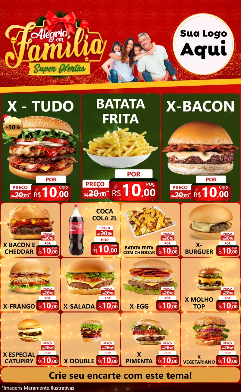 Modelo de Encarte para Encarte Grande com o tema Alegria em Família Super Ofertas - Natal para Hamburgueria