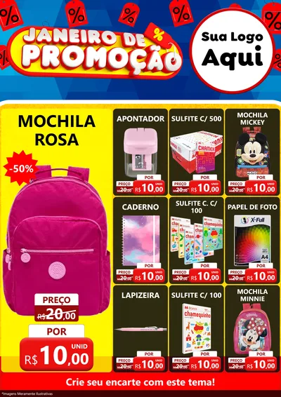Modelo de Encarte para Encarte A4 Vertical com o tema Janeiro de Promoção para Papelaria