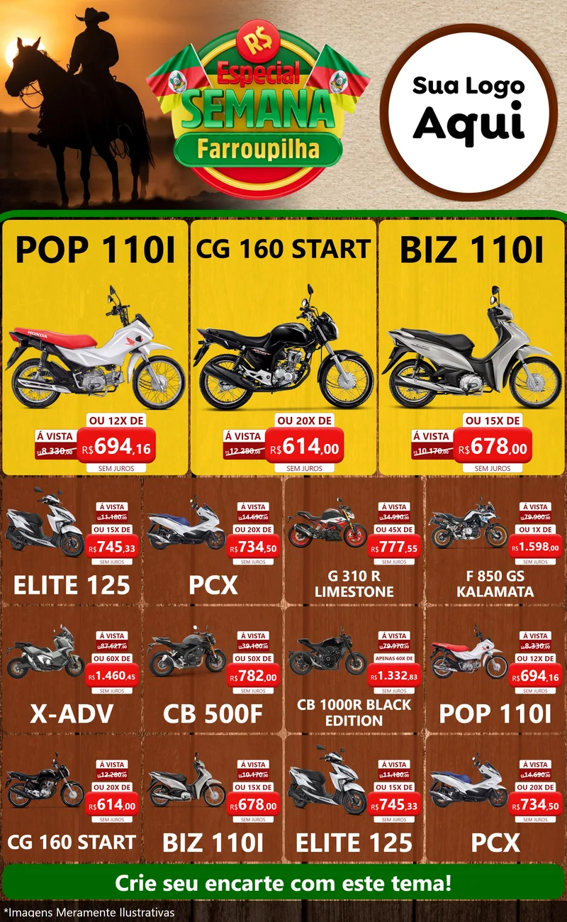 Modelo de Encarte para Encarte Grande com o tema Especial Semana Farroupilha para Concessionaria de Motos