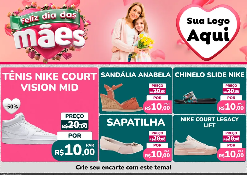 Modelo de Encarte para Encarte A4 Horizontal com o tema Feliz Dia das Mães para Calçados