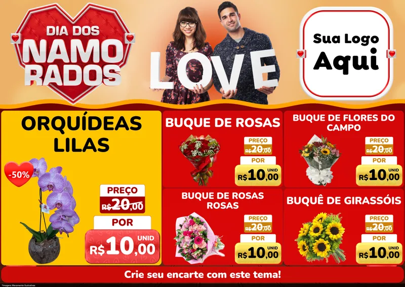 Modelo de Encarte para Encarte A4 Horizontal com o tema Dia dos Namorados para Floricultura e jardim