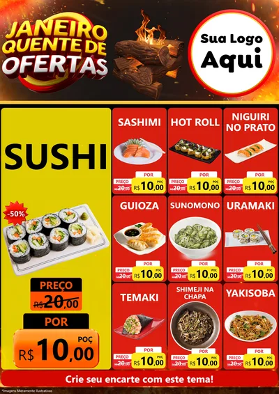Modelo de Encarte para Encarte A4 Vertical com o tema Janeiro Quente de Ofertas para Comida japonesa