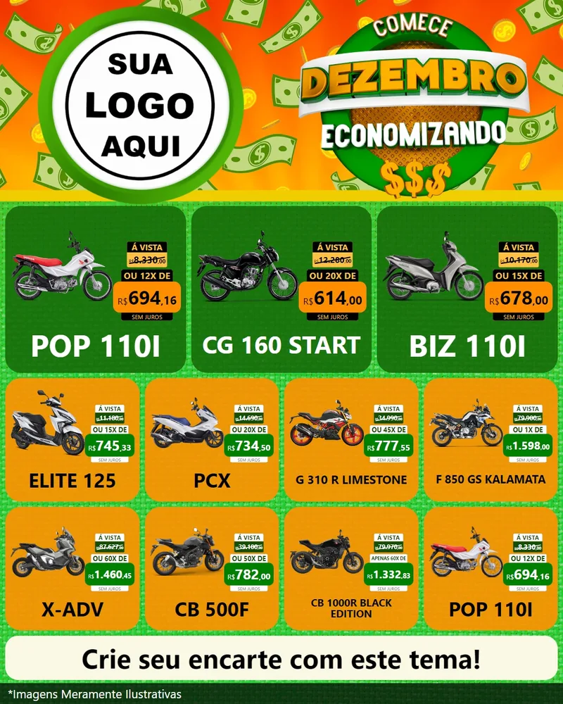 Modelo de Rede Social para Feed Instagram com o tema Comece Dezembro Economizando para Concessionaria de Motos