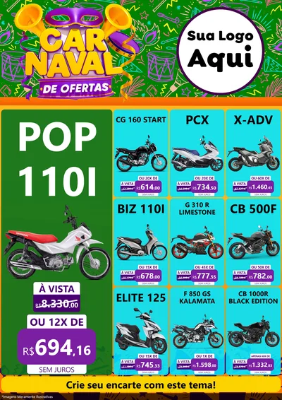 Modelo de Encarte para Encarte A4 Vertical com o tema Carnaval de Ofertas para Concessionaria de Motos