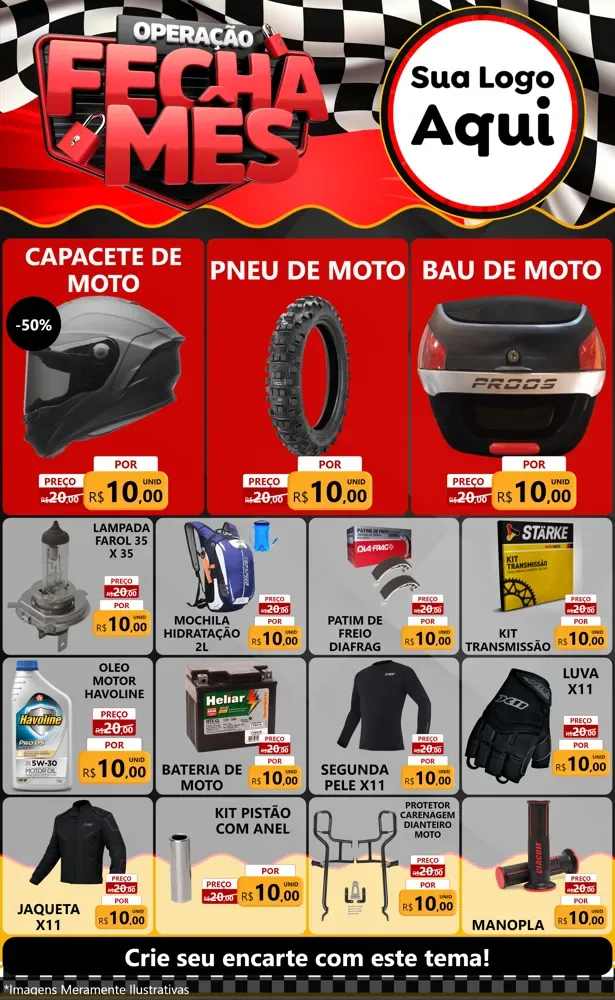 Modelo de Encarte para Encarte Grande com o tema Operação Fecha Mês - Auto Moto para Moto peças