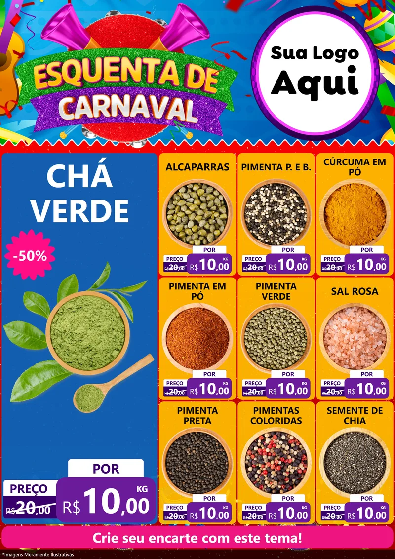 Modelo de Encarte para Encarte A4 Vertical com o tema Esquenta de Carnaval para Produtos Naturais