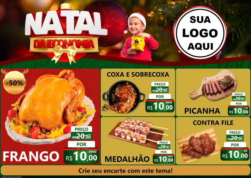 Modelo de Encarte para Encarte A4 Horizontal com o tema Natal da Economia para Assados