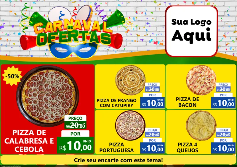 Modelo de Encarte para Encarte A4 Horizontal com o tema Carnaval de Ofertas para Pizzaria