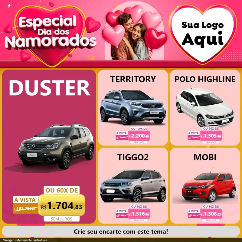 Modelo de Rede Social para Feed Facebook com o tema Especial Dia dos Namorados para Concessionaria de Carros