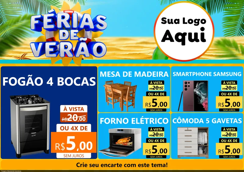 Modelo de Encarte para Encarte A4 Horizontal com o tema Férias de Verão para Móveis e Eletro