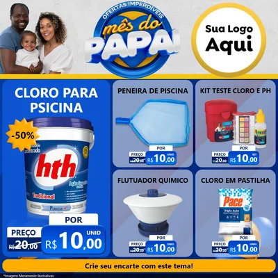 Modelo de Rede Social para Feed Facebook com o tema Ofertas Imperdíveis Mês Do Papai para Produtos para Piscina